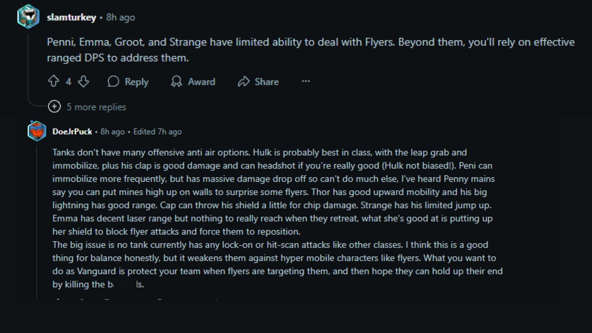 Reddit users outlining a few Vanguard with aerial capabilities (Image via Reddit)